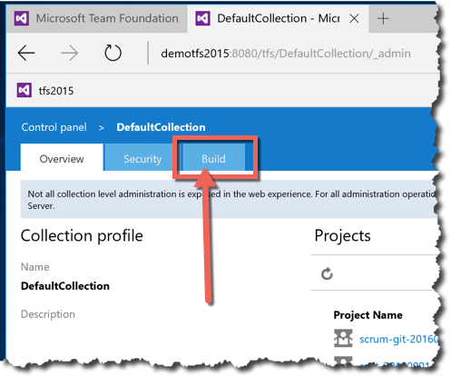 The Team Project Collection (TPC) admin page