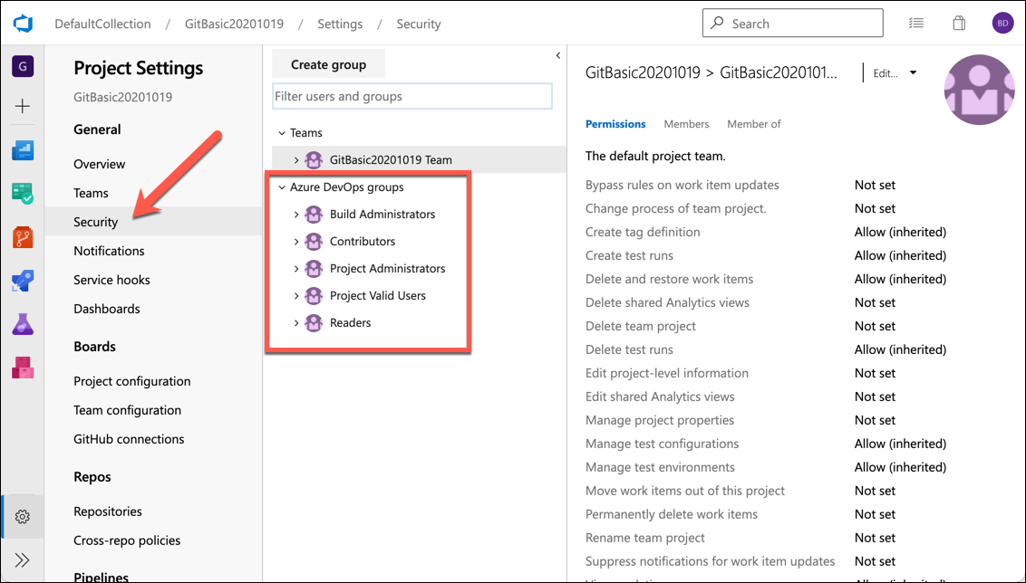 List of Azure DevOps groups in Project Settings