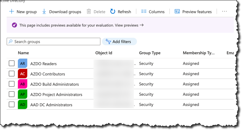 The list of groups for Azure DevOps