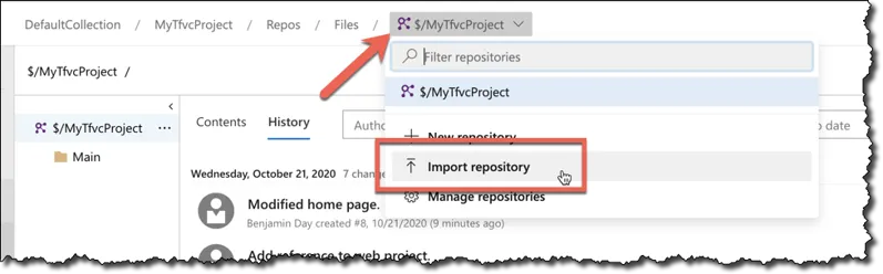To start converting your Azure DevOps TFVC repository to Git, go to the repositories menu and choose Import repository