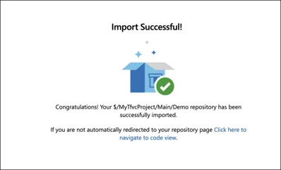 The TFVC to Git import conversion process has completed.