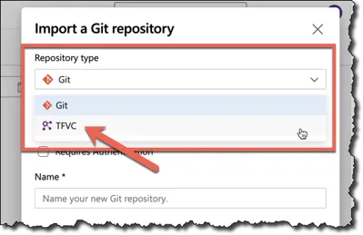 Change the repository type from Git to TFVC before importing