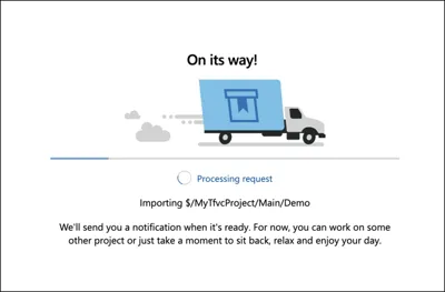The TFVC to Git import conversion process is running.