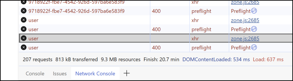 The failed requests to the web api endpoints from Angular