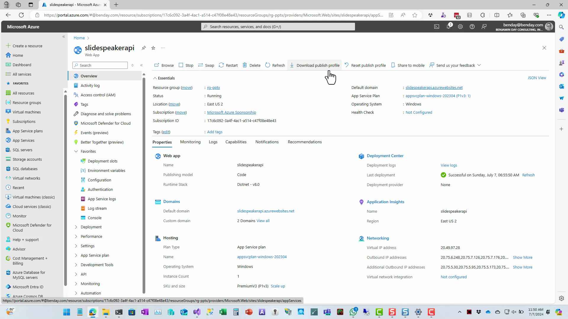 The Download Publish Profile button on the Azure Portal