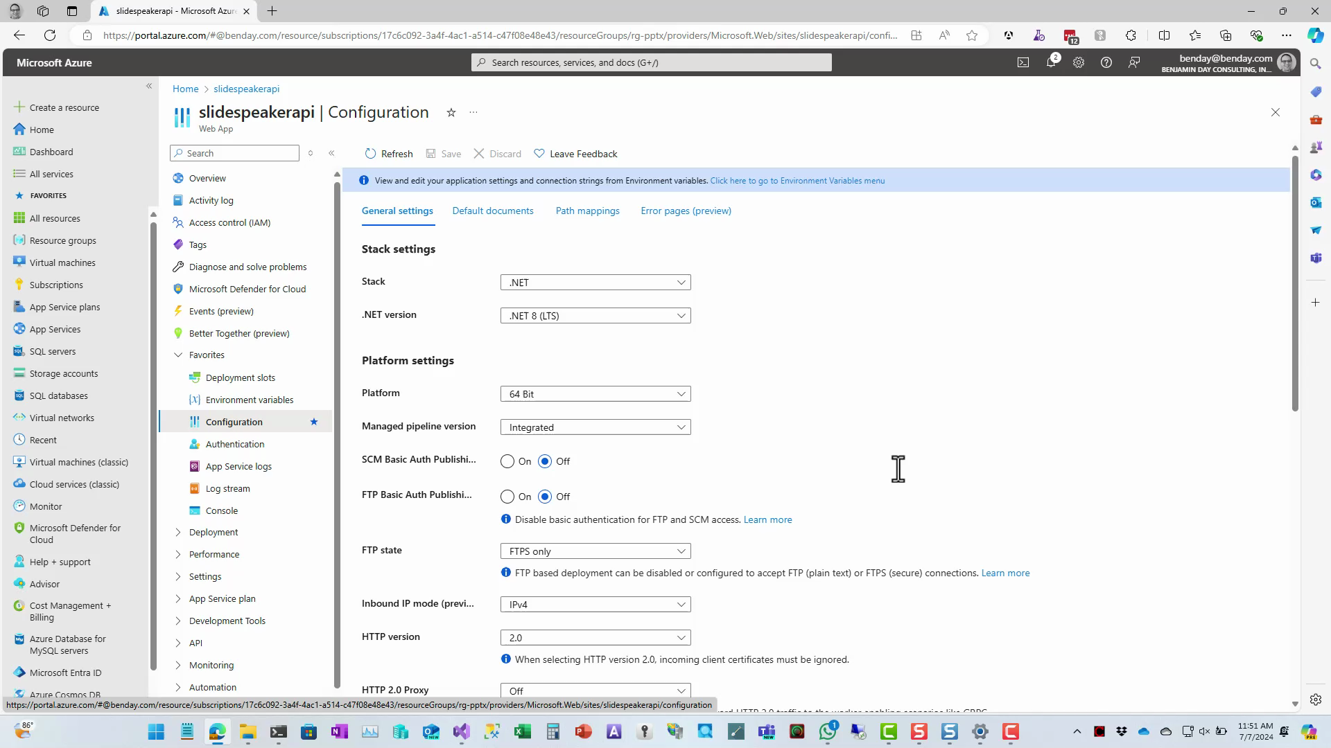 The Configuration tab for the App Service and the Basic Auth setting