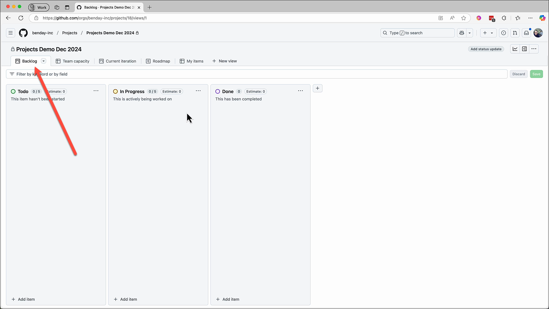 Backlog View in GitHub Projects