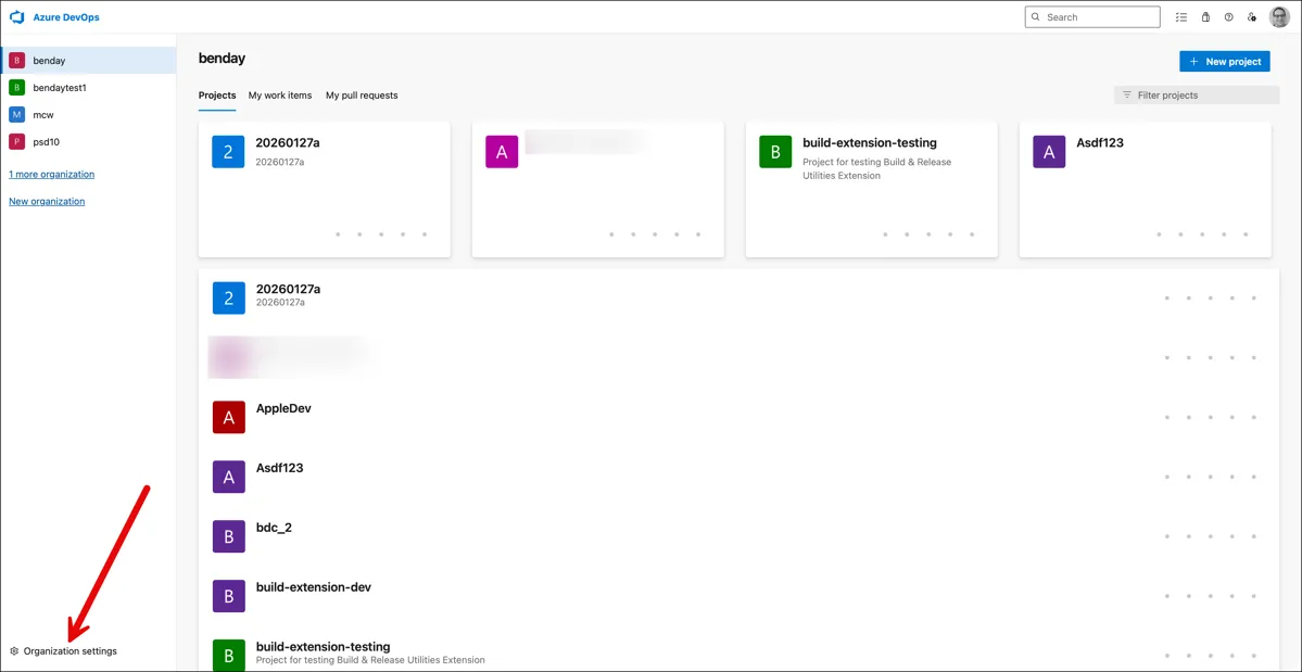Azure DevOps organization landing page with arrow pointing to Organization settings link in the bottom-left corner