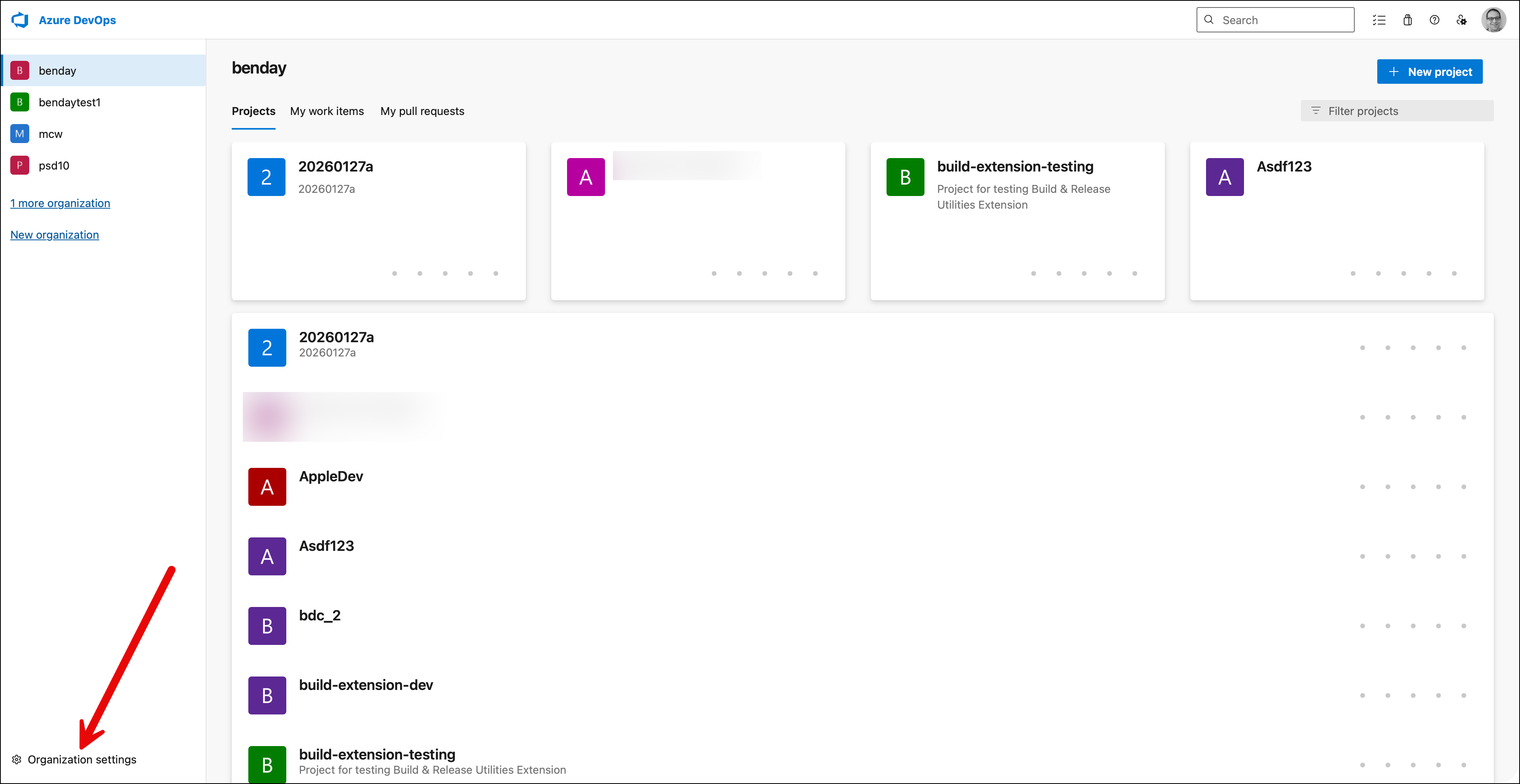 Azure DevOps organization landing page with arrow pointing to Organization settings link in the bottom-left corner