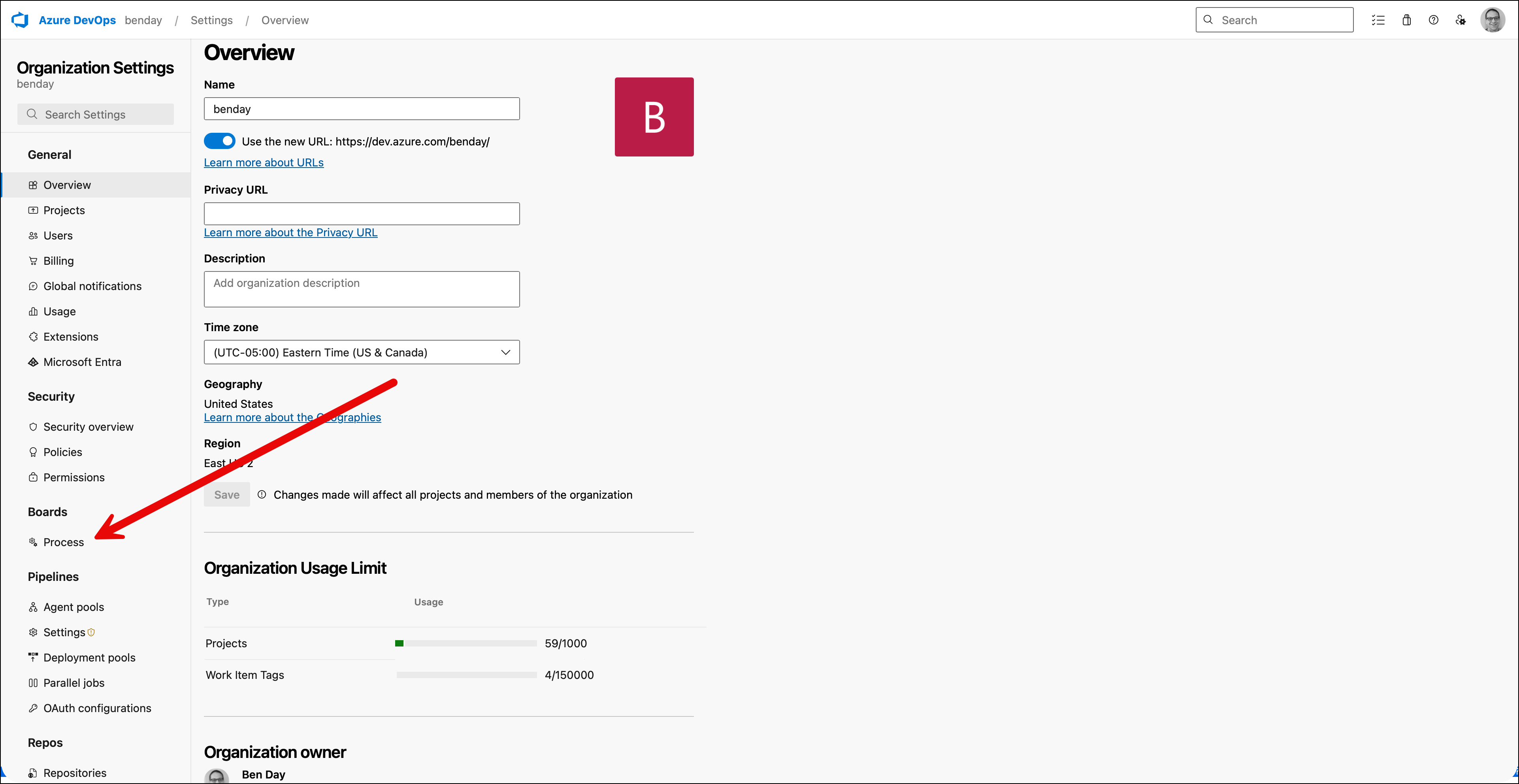 Organization Settings page with arrow pointing to Process link under the Boards section in the left navigation