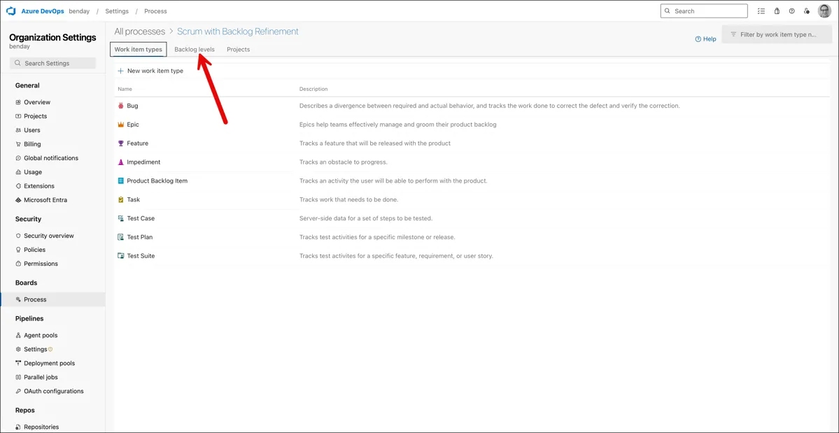 Work item types tab for the custom process template with an arrow pointing to the Backlog levels tab