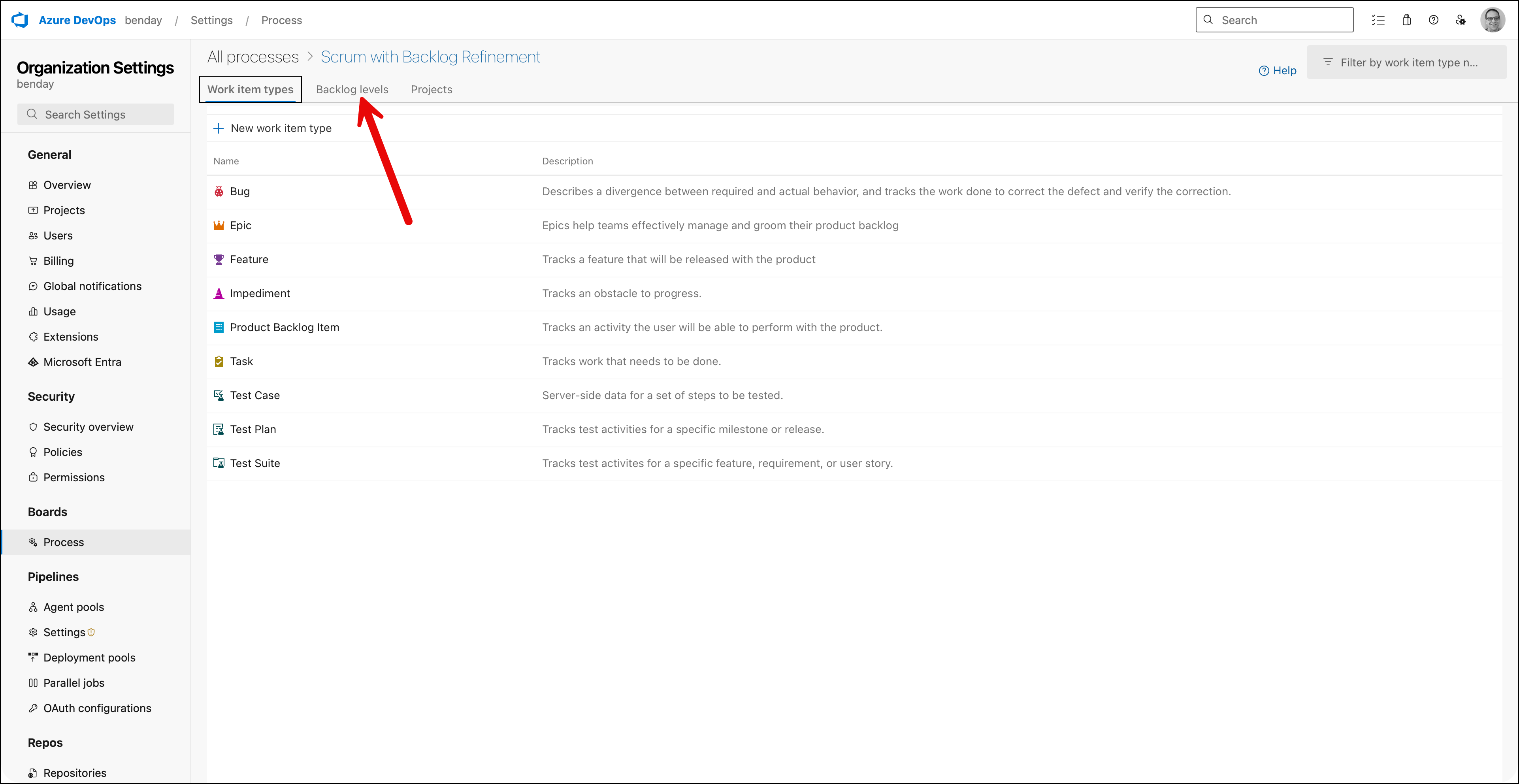Work item types tab for the custom process template with an arrow pointing to the Backlog levels tab