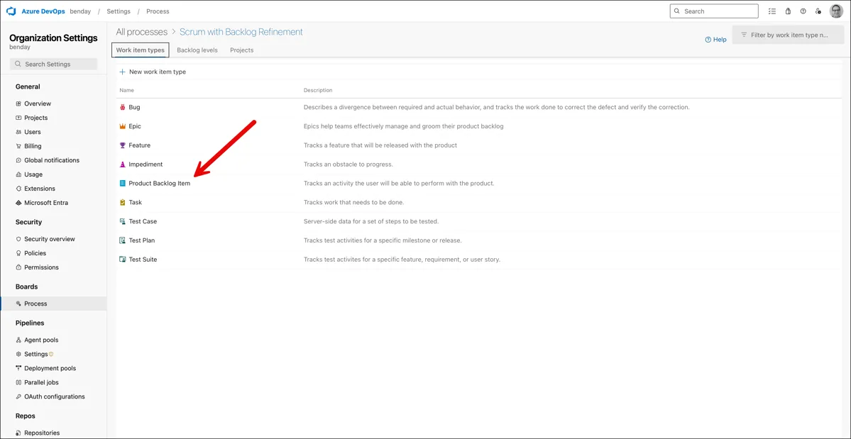 Work item types tab with an arrow pointing to the Product Backlog Item work item type
