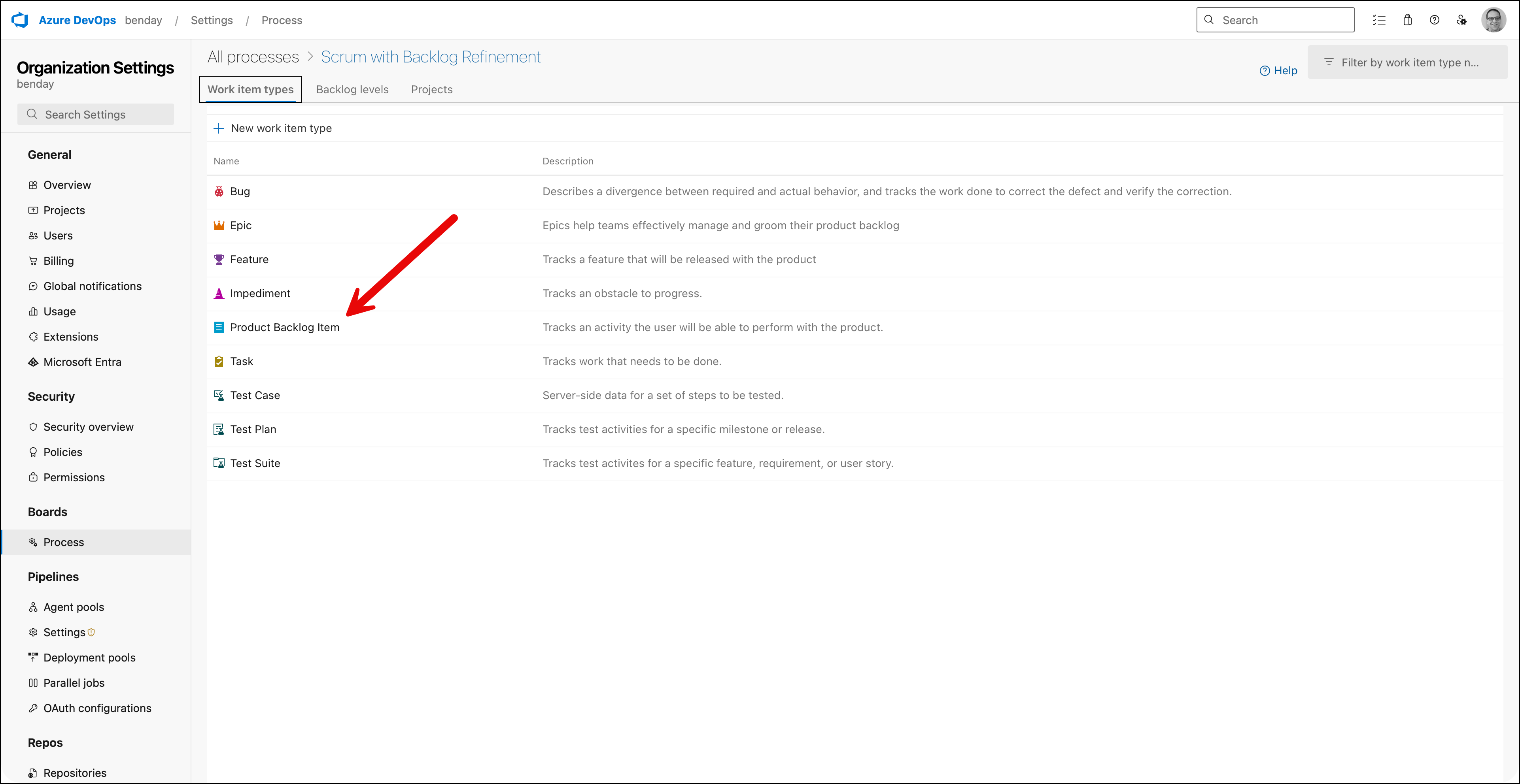 Work item types tab with an arrow pointing to the Product Backlog Item work item type