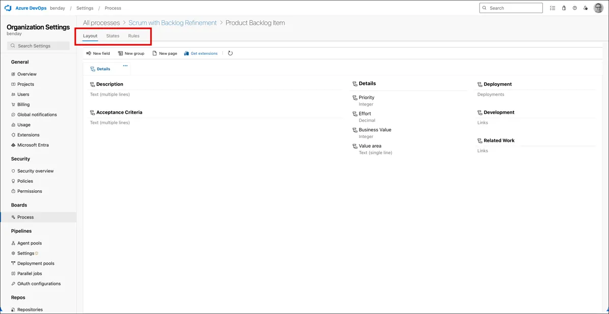 Product Backlog Item layout editor showing the Layout, States, and Rules tabs highlighted with a red box