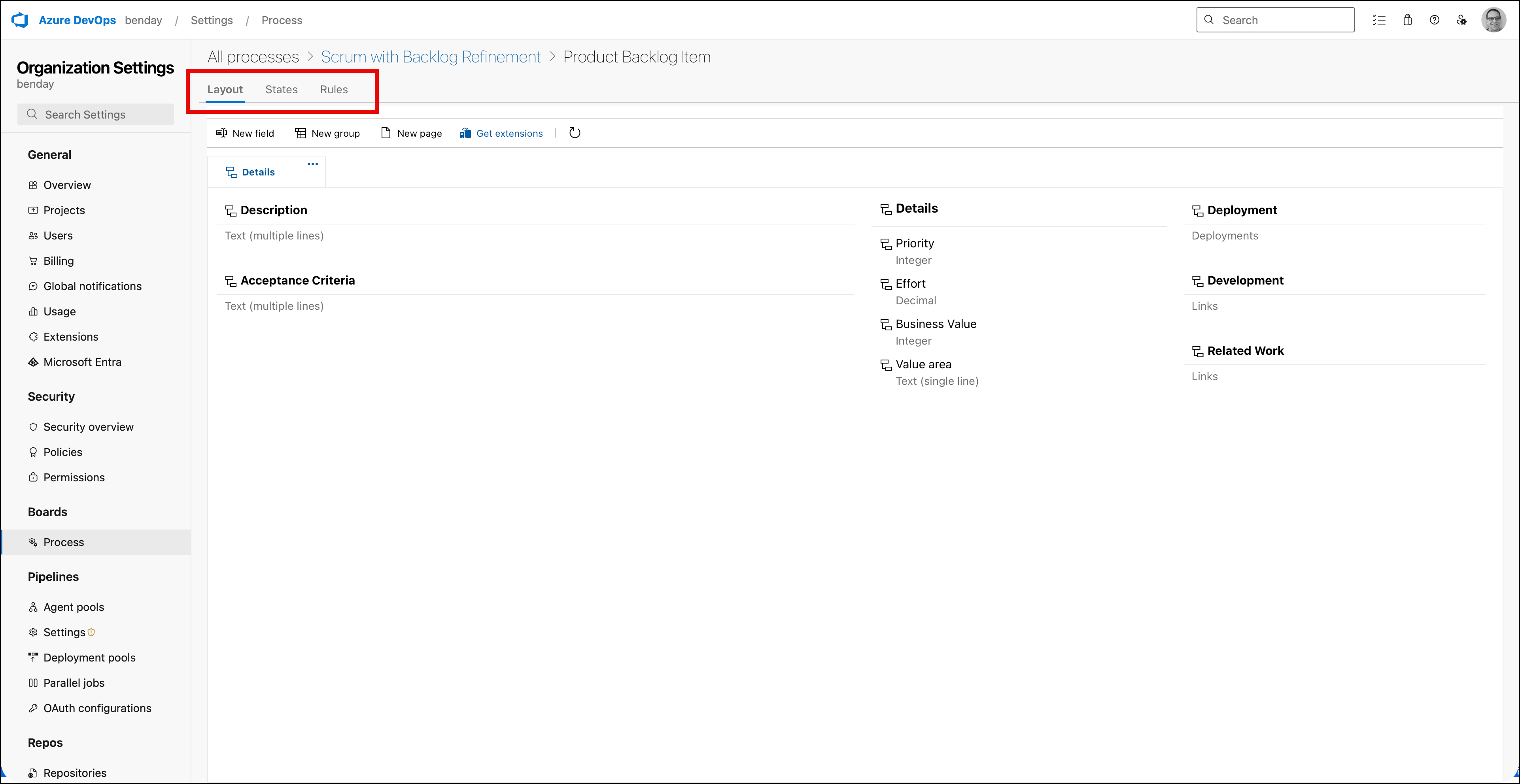 Product Backlog Item layout editor showing the Layout, States, and Rules tabs highlighted with a red box
