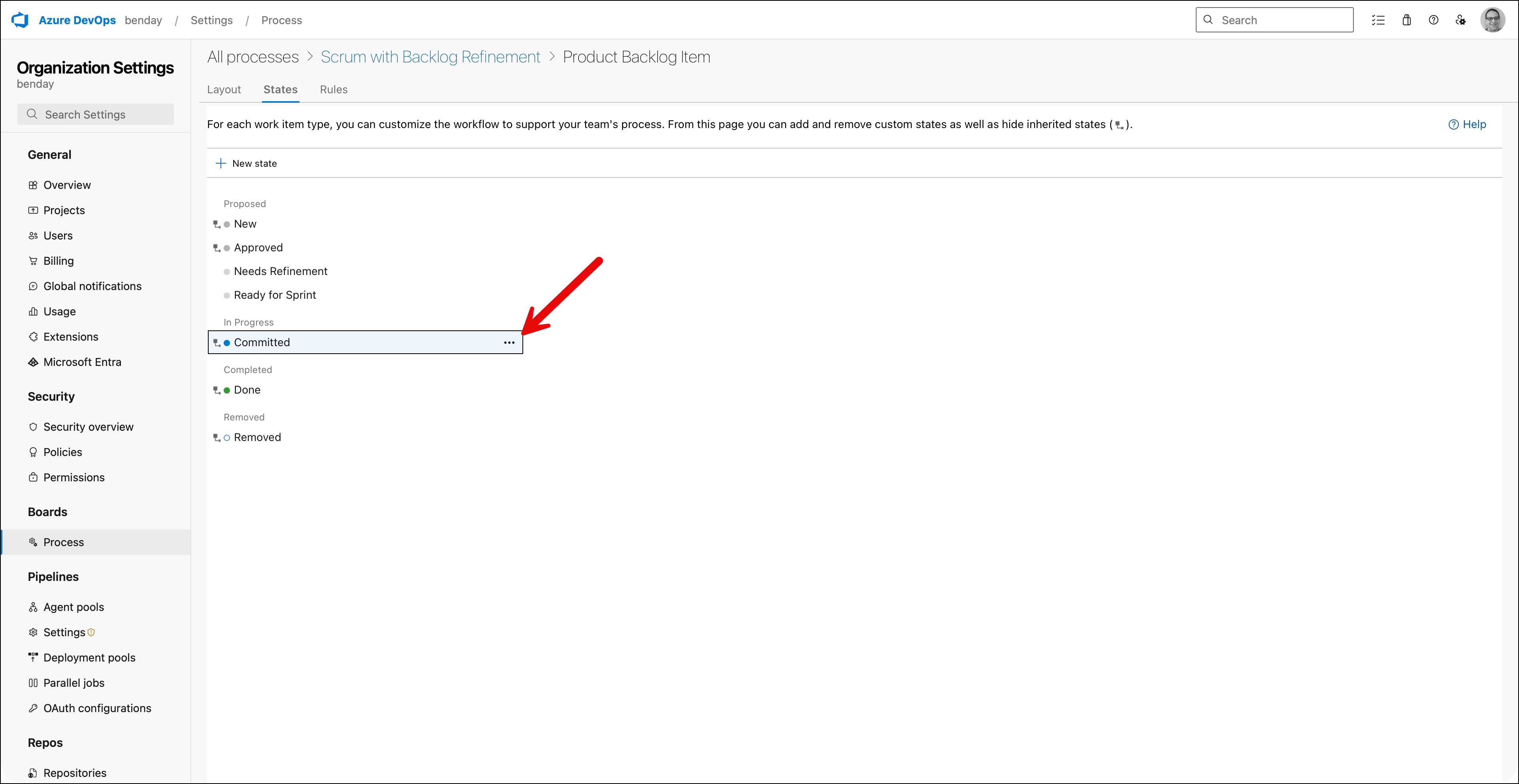 States tab for Product Backlog Item showing states organized by state category: Proposed (New, Approved with substates Needs Refinement and Ready for Sprint), In Progress (Committed), Completed (Done), and Removed (Removed)