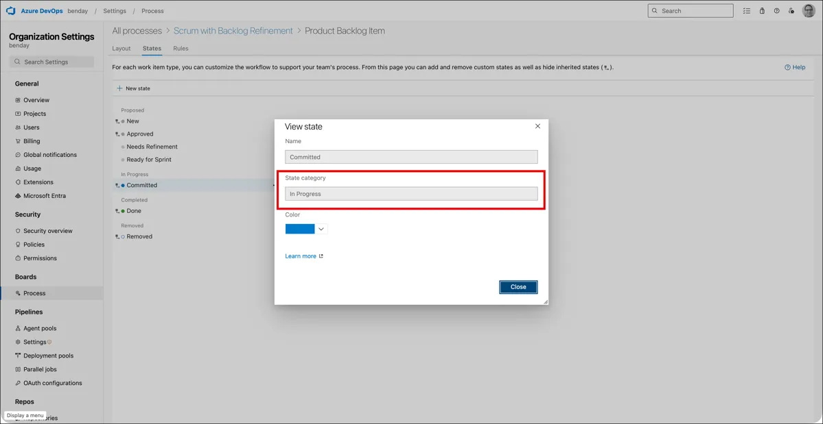 View state dialog for the Committed state showing Name is Committed, State category is In Progress, and Color is blue