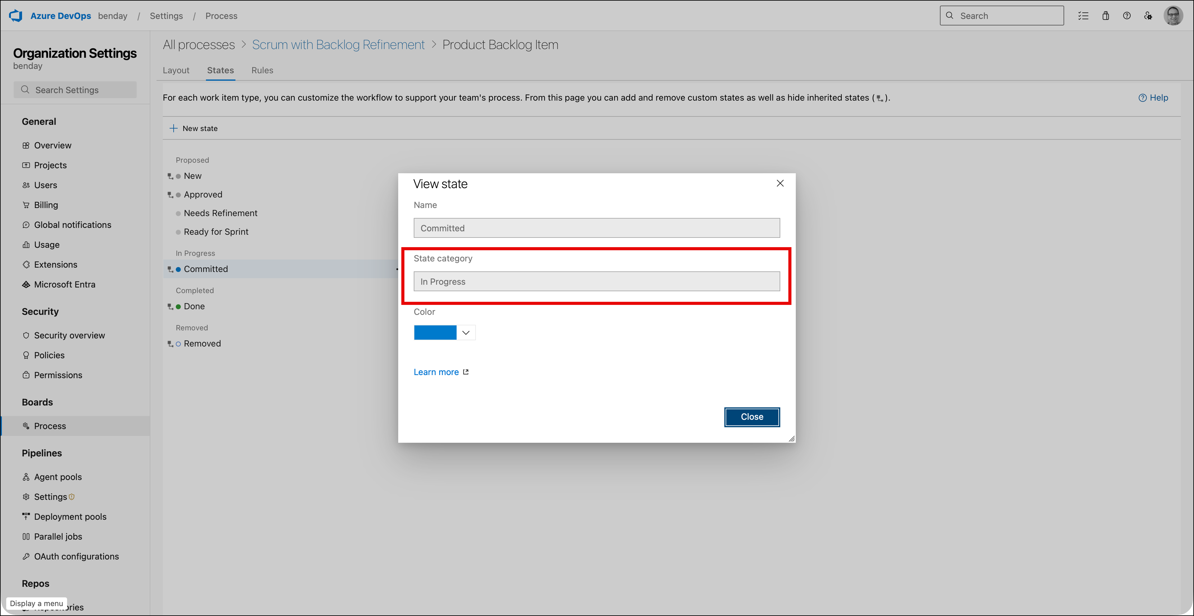 View state dialog for the Committed state showing Name is Committed, State category is In Progress, and Color is blue
