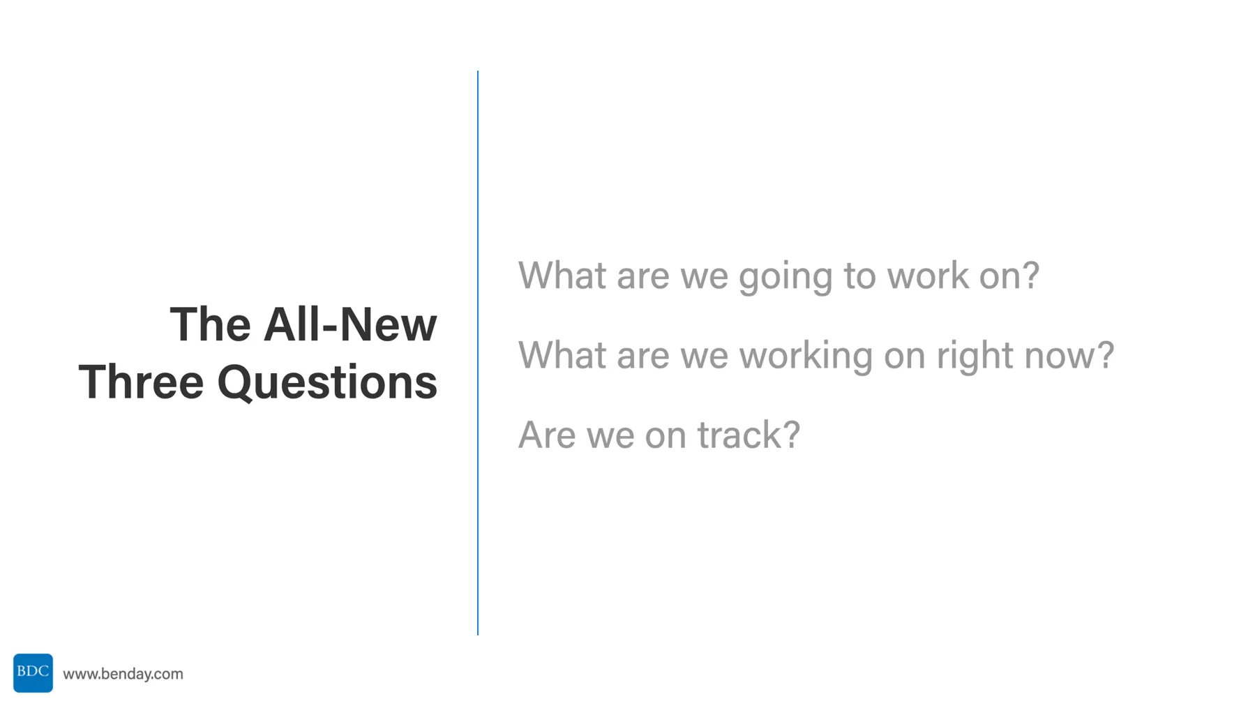 Slide: The All-New Three Questions. What are we going to work on? What are we working on right now? Are we on track?