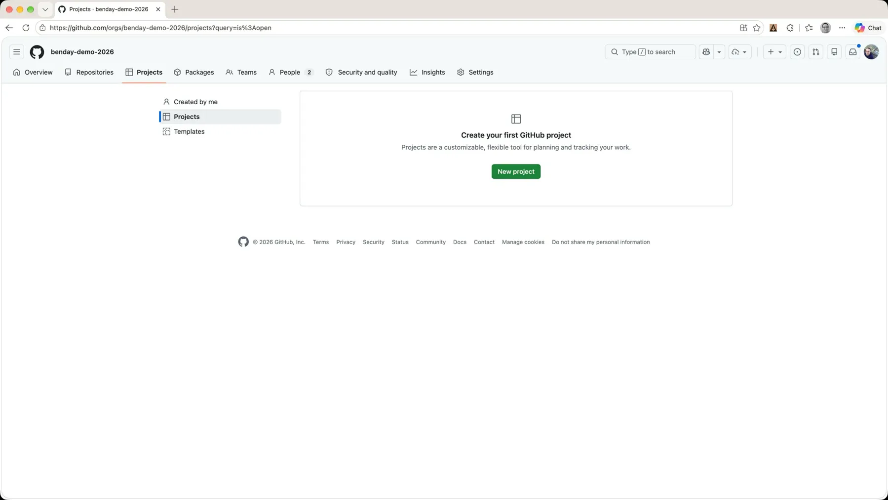 The Projects tab in a brand new GitHub organization: 'Create your first GitHub project' and a New project button