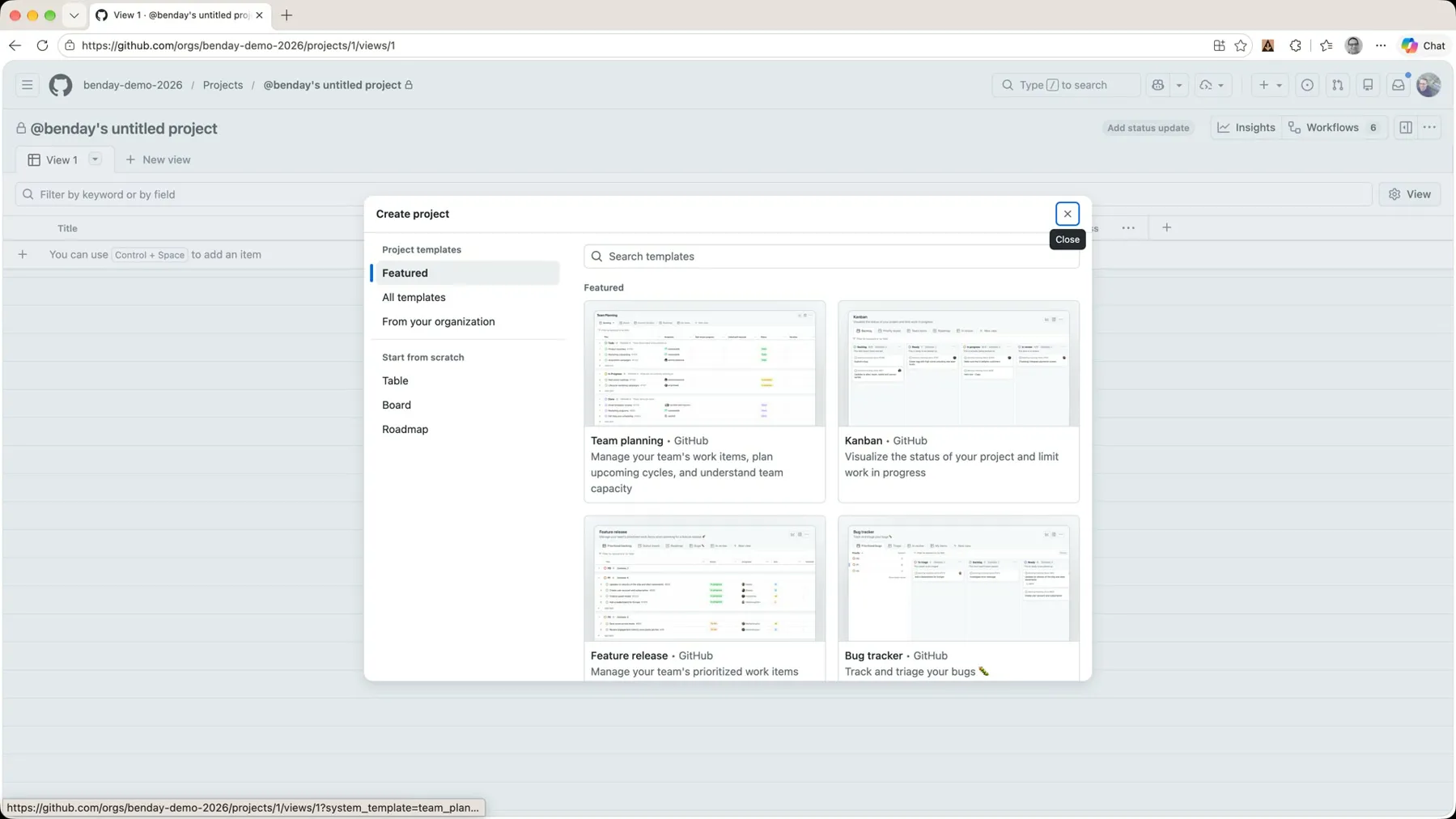 The Create project dialog showing the featured templates: Team planning, Kanban, Feature release, Bug tracker