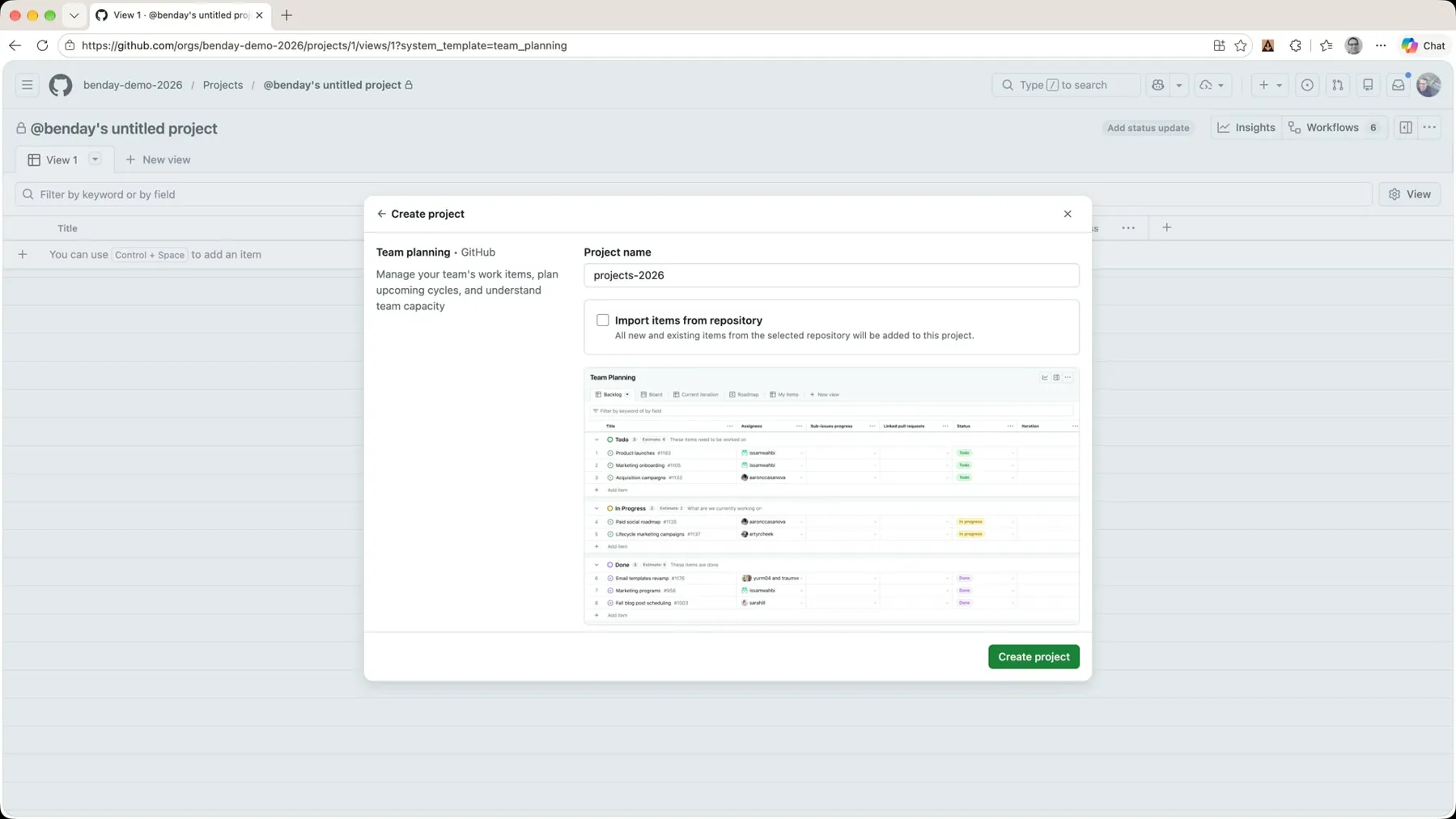 The Team planning template with the project name set to projects-2026 and the import checkbox unchecked