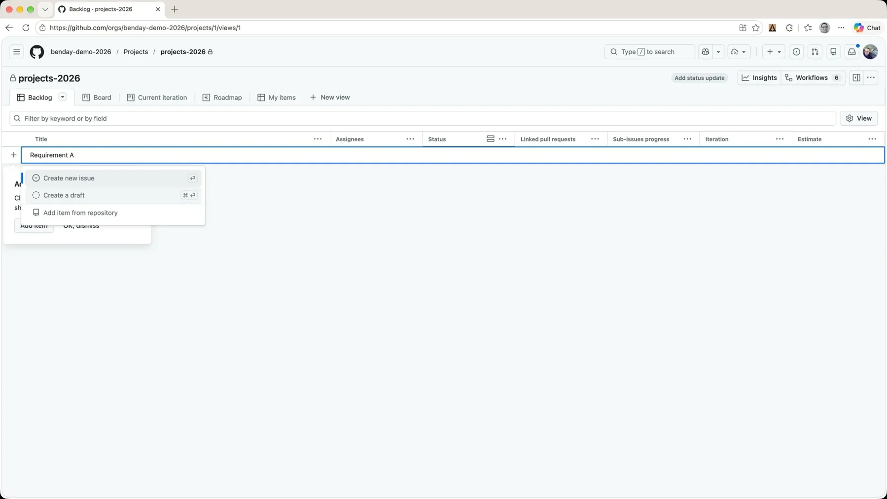 Typing 'Requirement A' in the add item row, with the options 'Create new issue', 'Create a draft', and 'Add item from repository'