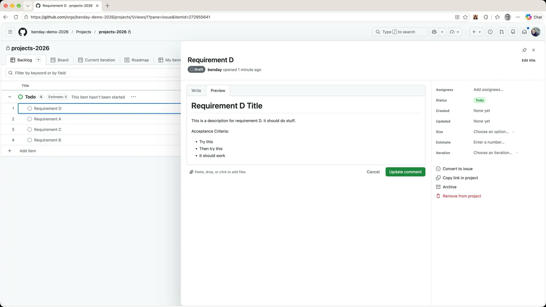 The draft issue panel for Requirement D showing a markdown description with a title and an Acceptance Criteria bulleted list