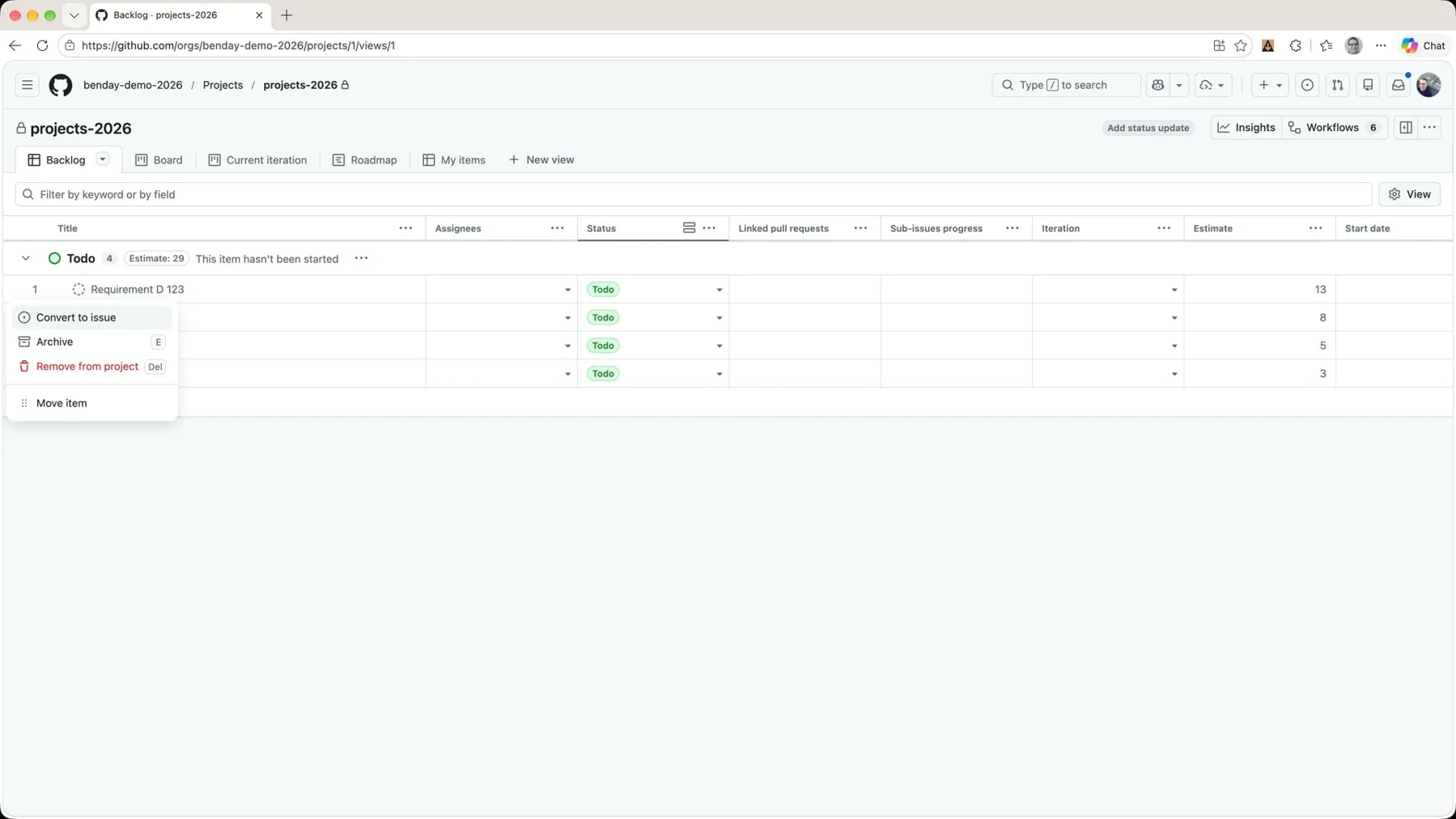 The row actions menu on a draft issue with Convert to issue, Archive, Remove from project, and Move item
