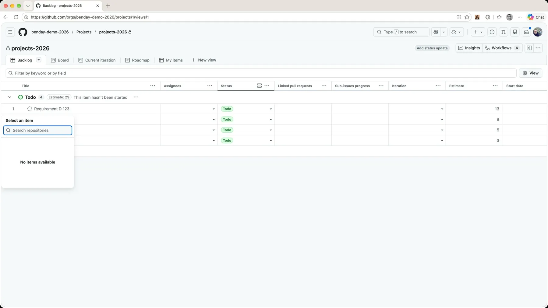The repository picker showing 'No items available'