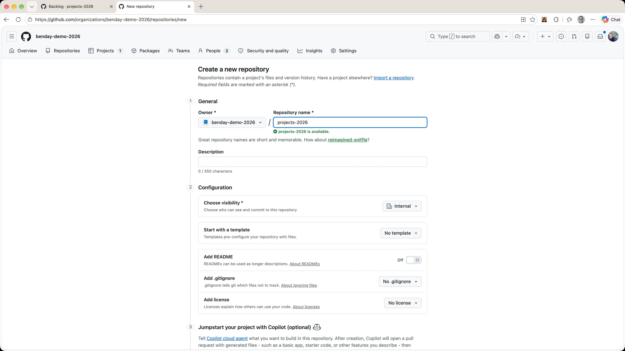 The Create a new repository page with the name projects-2026 and 'projects-2026 is available'