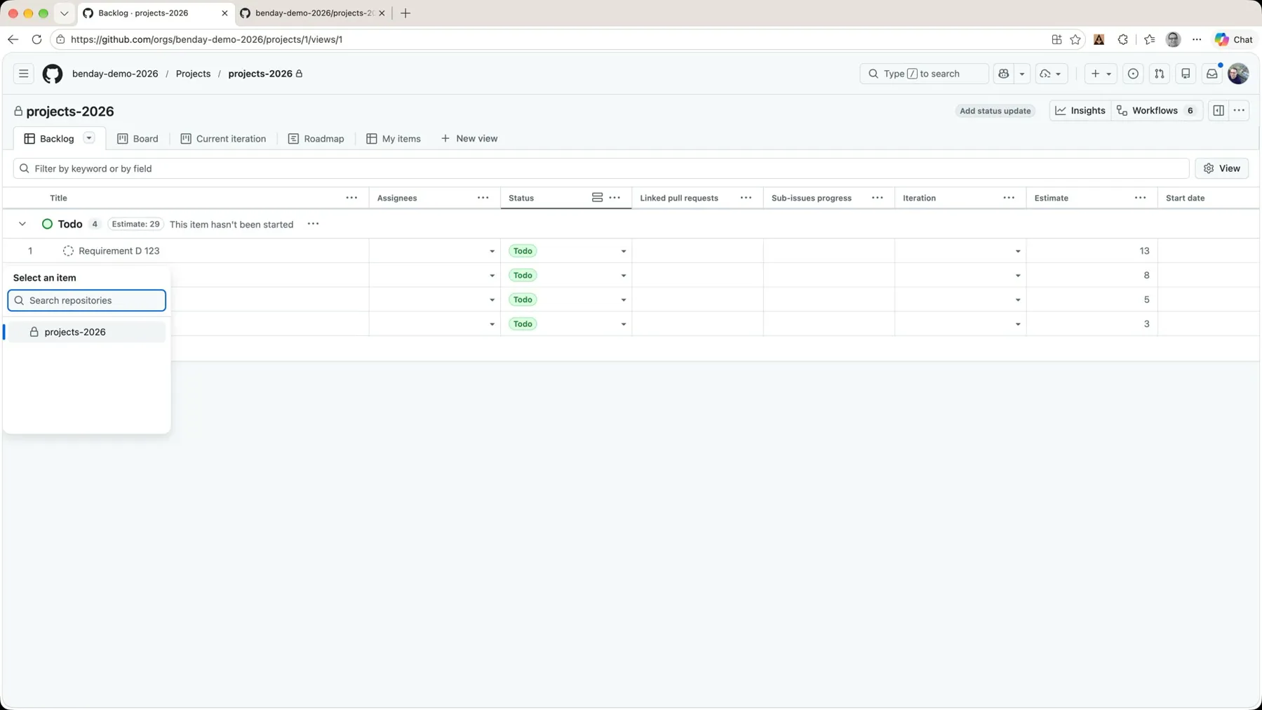 The repository picker now showing projects-2026
