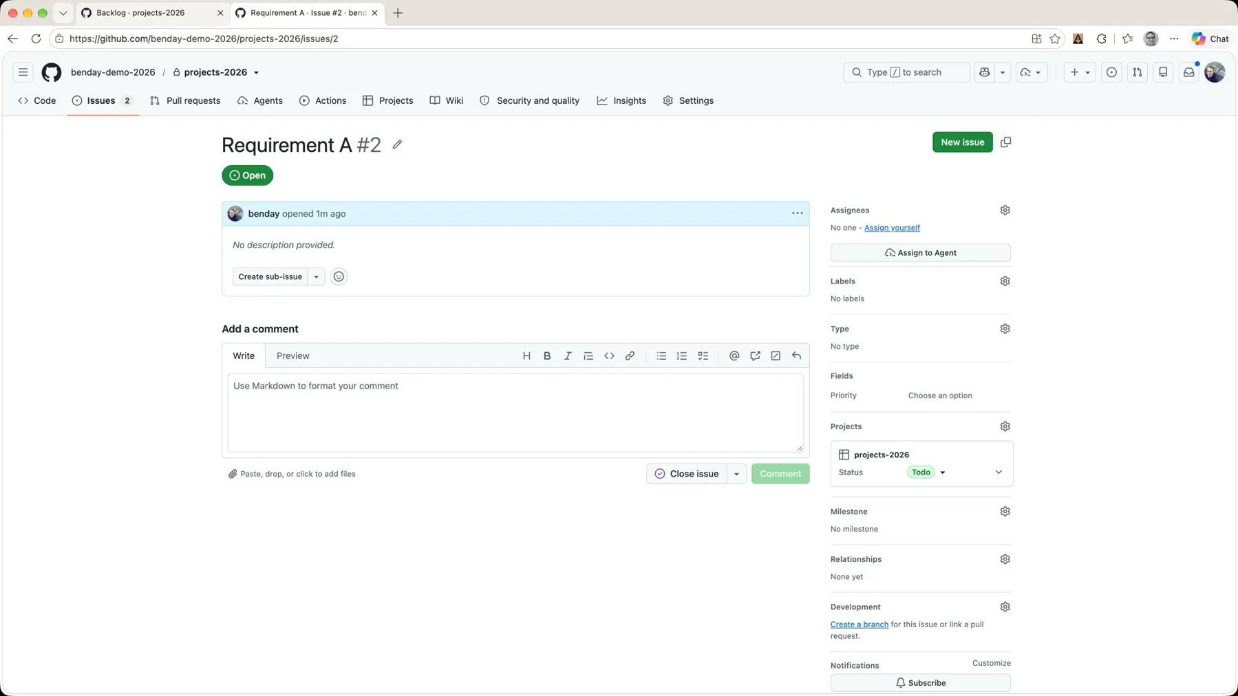 Requirement A as issue #2 in the projects-2026 repository, with the Projects sidebar showing projects-2026 and Status: Todo