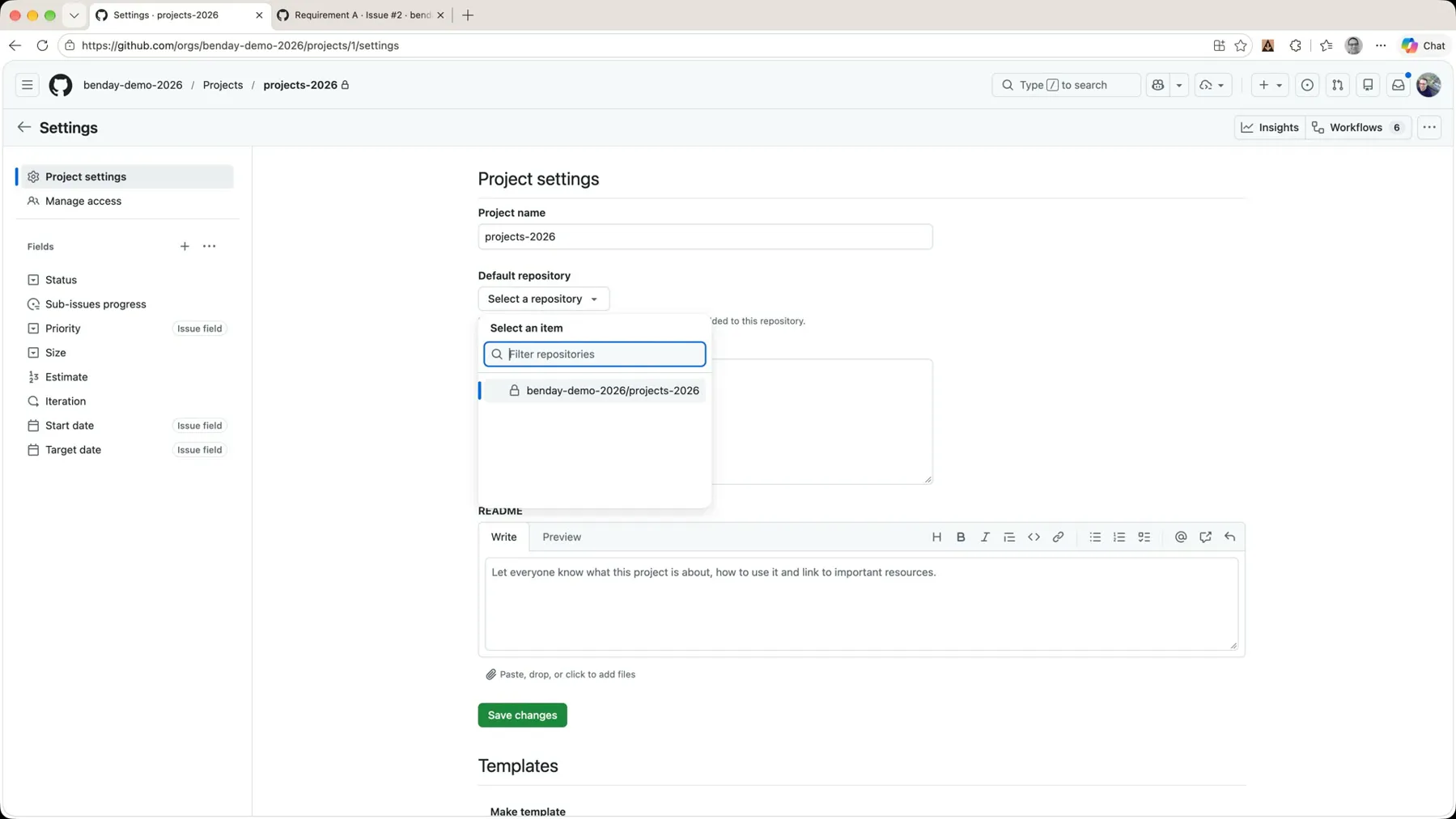 The project settings page with the Default repository picker open, showing benday-demo-2026/projects-2026
