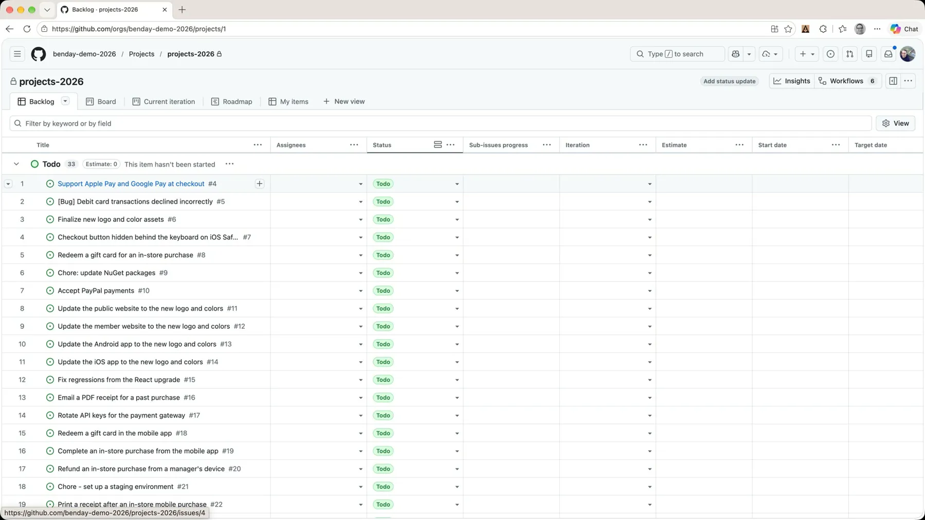 The backlog view with 33 items: Apple Pay and Google Pay at checkout, a debit card bug, new logo assets, iOS Safari keyboard bug, gift cards, NuGet package chores, PayPal, and more