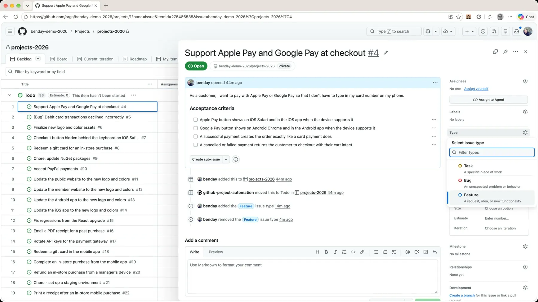 The issue panel for 'Support Apple Pay and Google Pay at checkout' with the Type dropdown open showing Task, Bug, and Feature