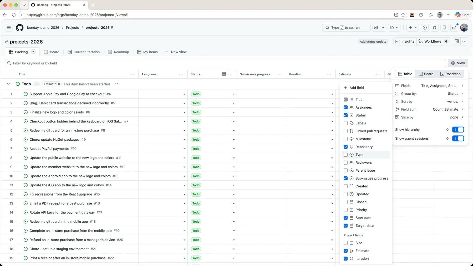 The View menu's Fields list with Type checked