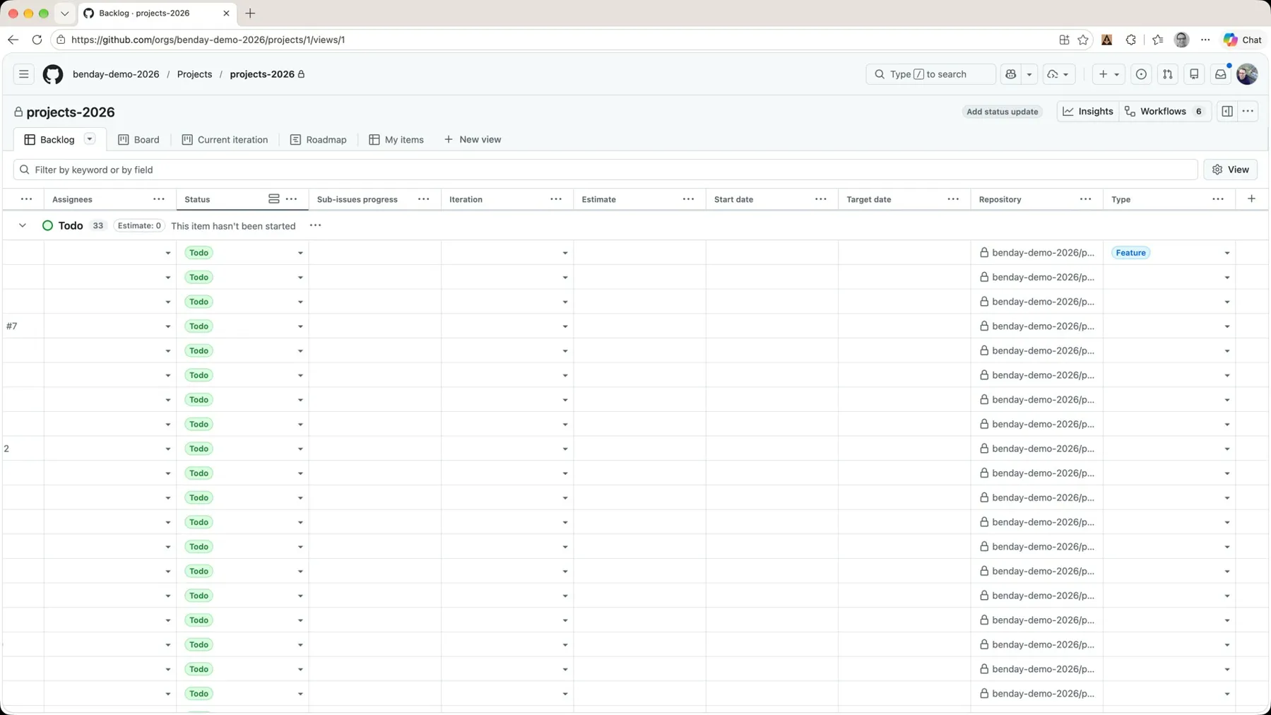 The backlog scrolled to the far right, with the new Type column at the end showing one Feature badge