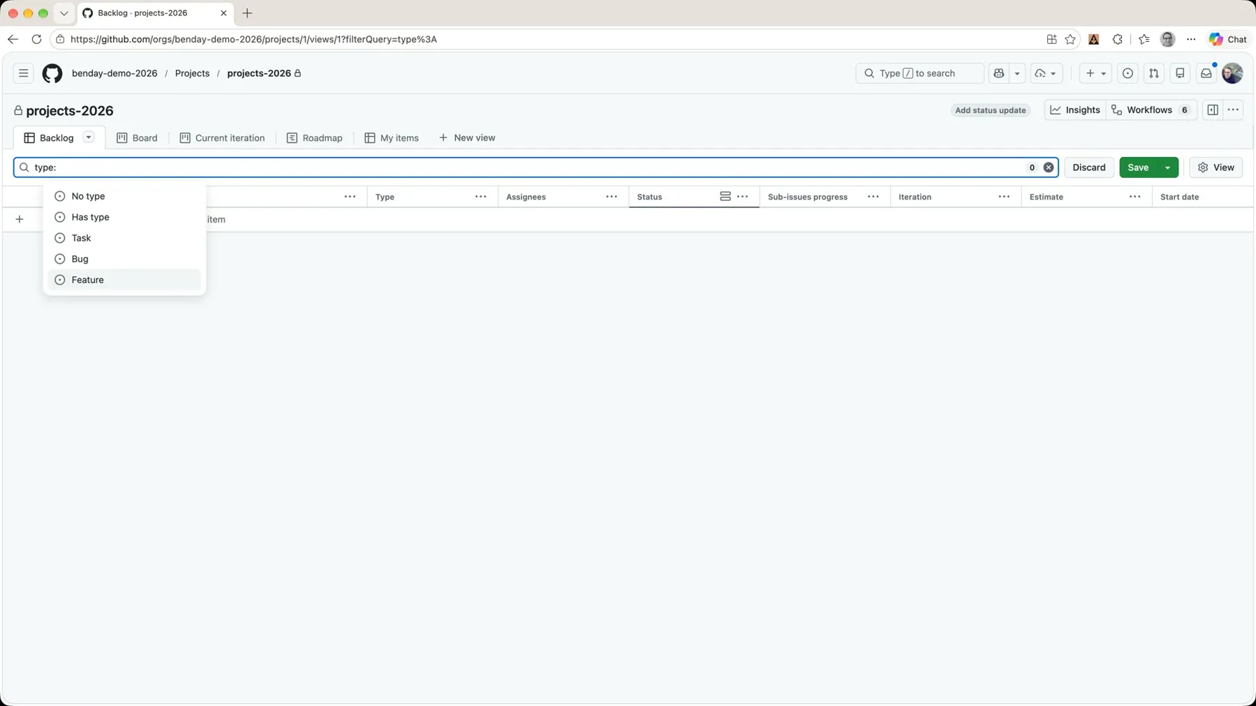 The filter bar with 'type:' typed and the suggestions No type, Has type, Task, Bug, Feature
