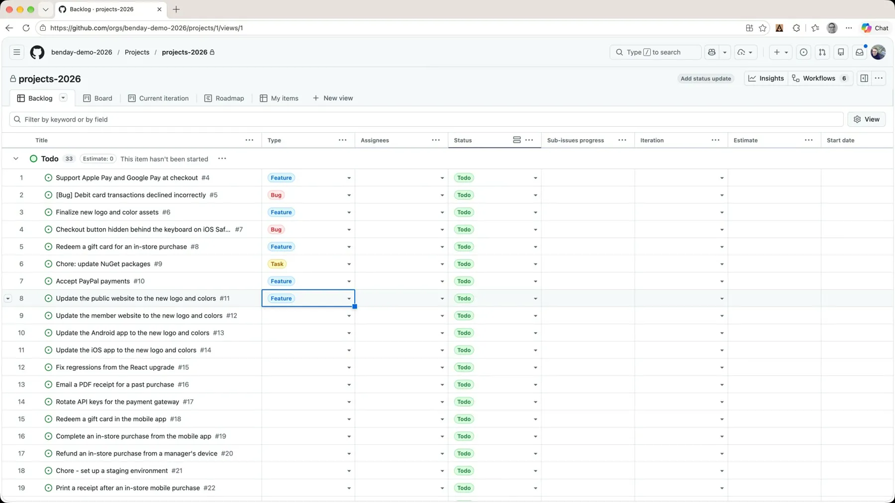 The backlog grid with a Feature cell selected and a run of rows about to be filled