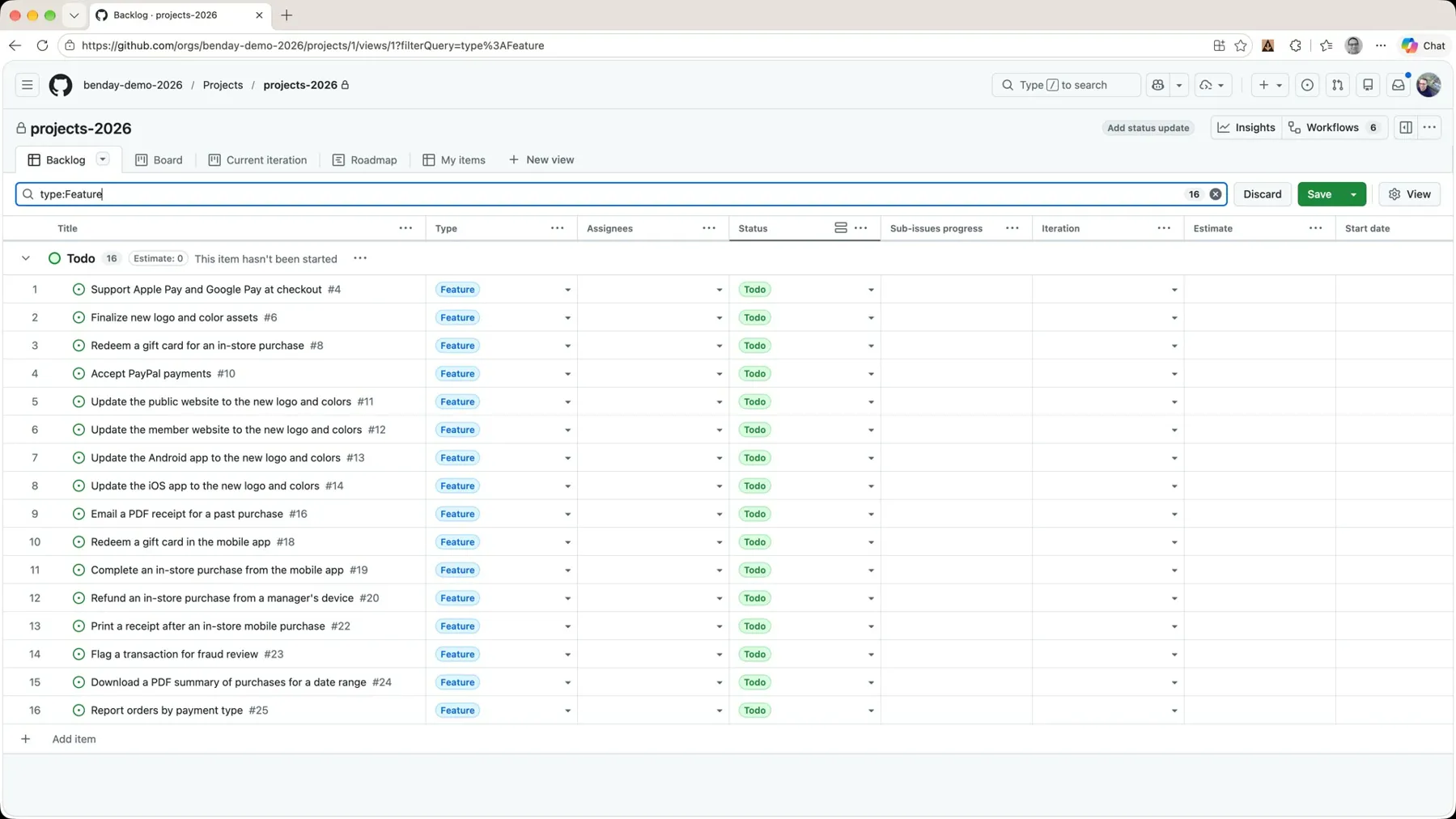 The backlog filtered by type:Feature showing 16 items