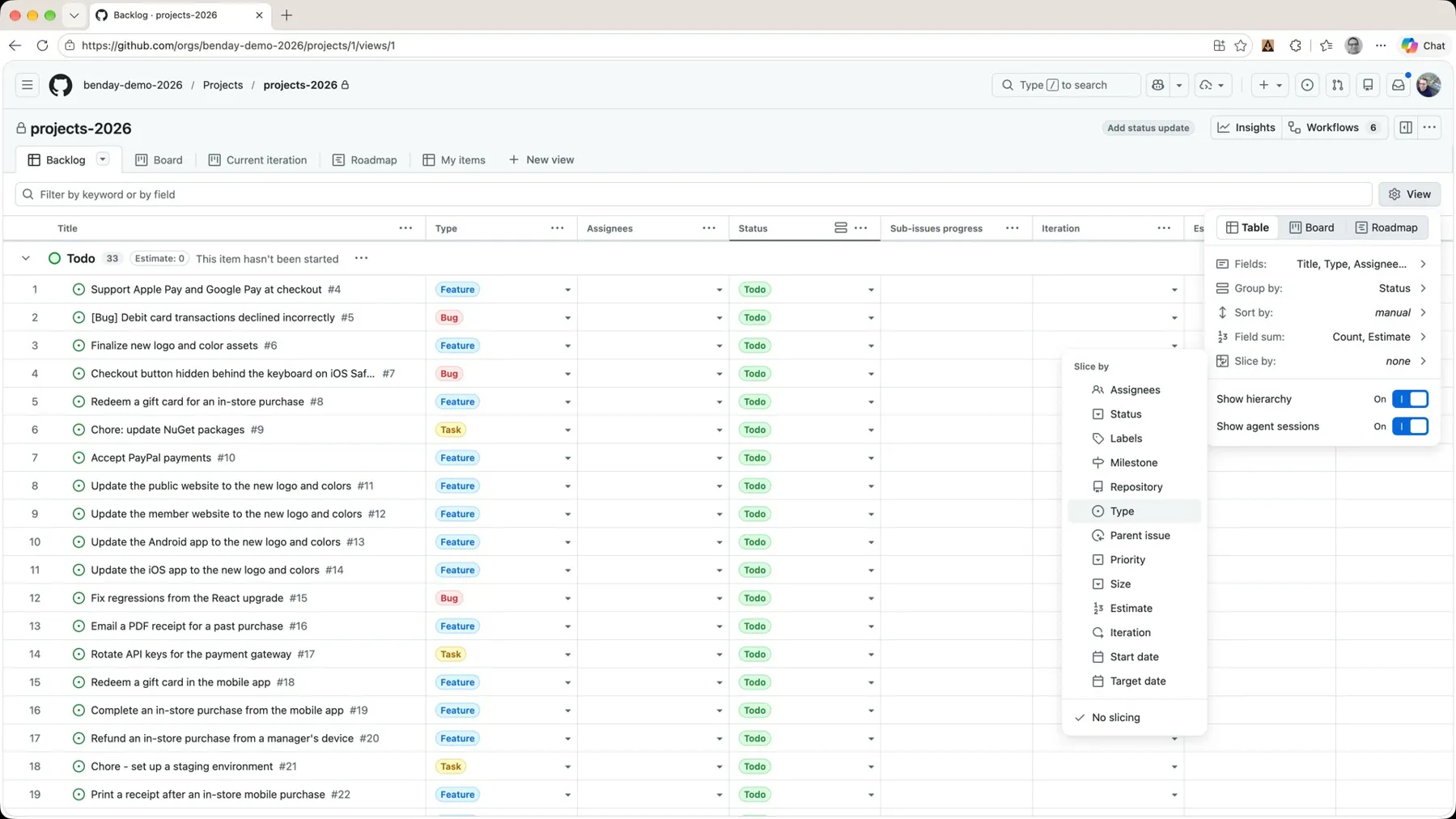 The View menu with the Slice by submenu open: Assignees, Status, Labels, Milestone, Repository, Type, Parent issue, and more