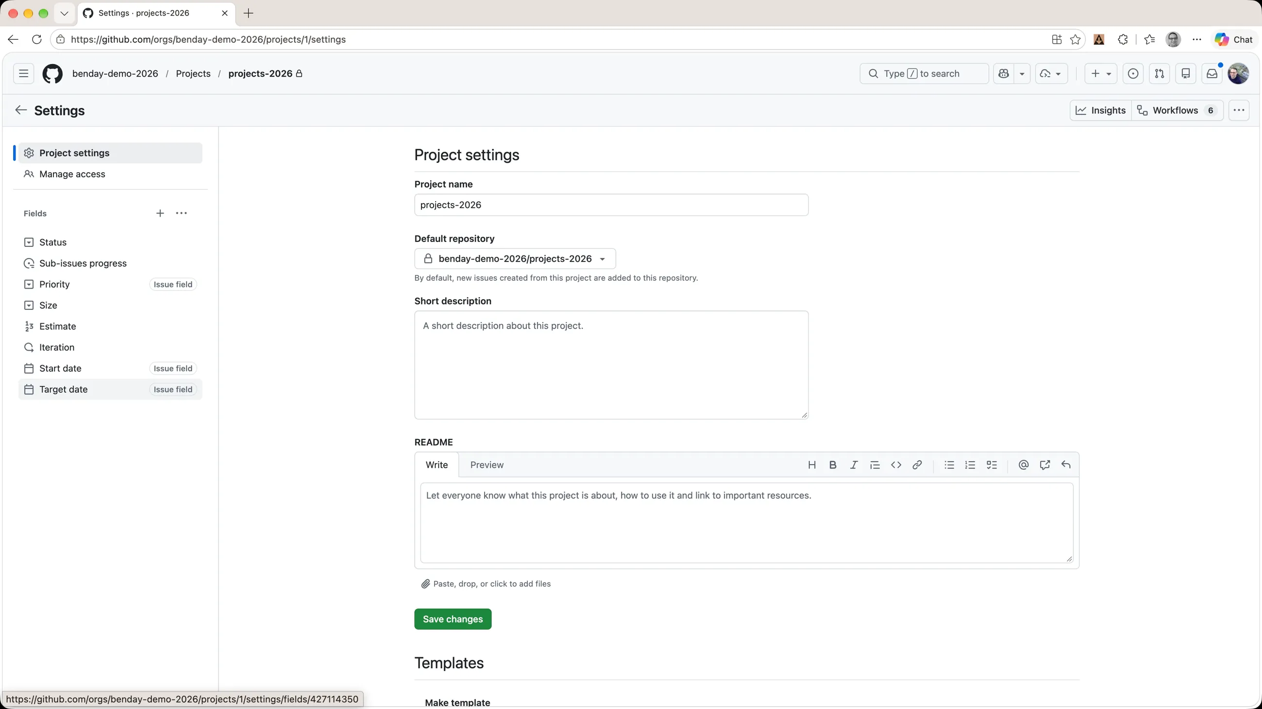 The project settings page: project name, default repository, and a Fields list where Priority, Start date, and Target date are marked 'Issue field'