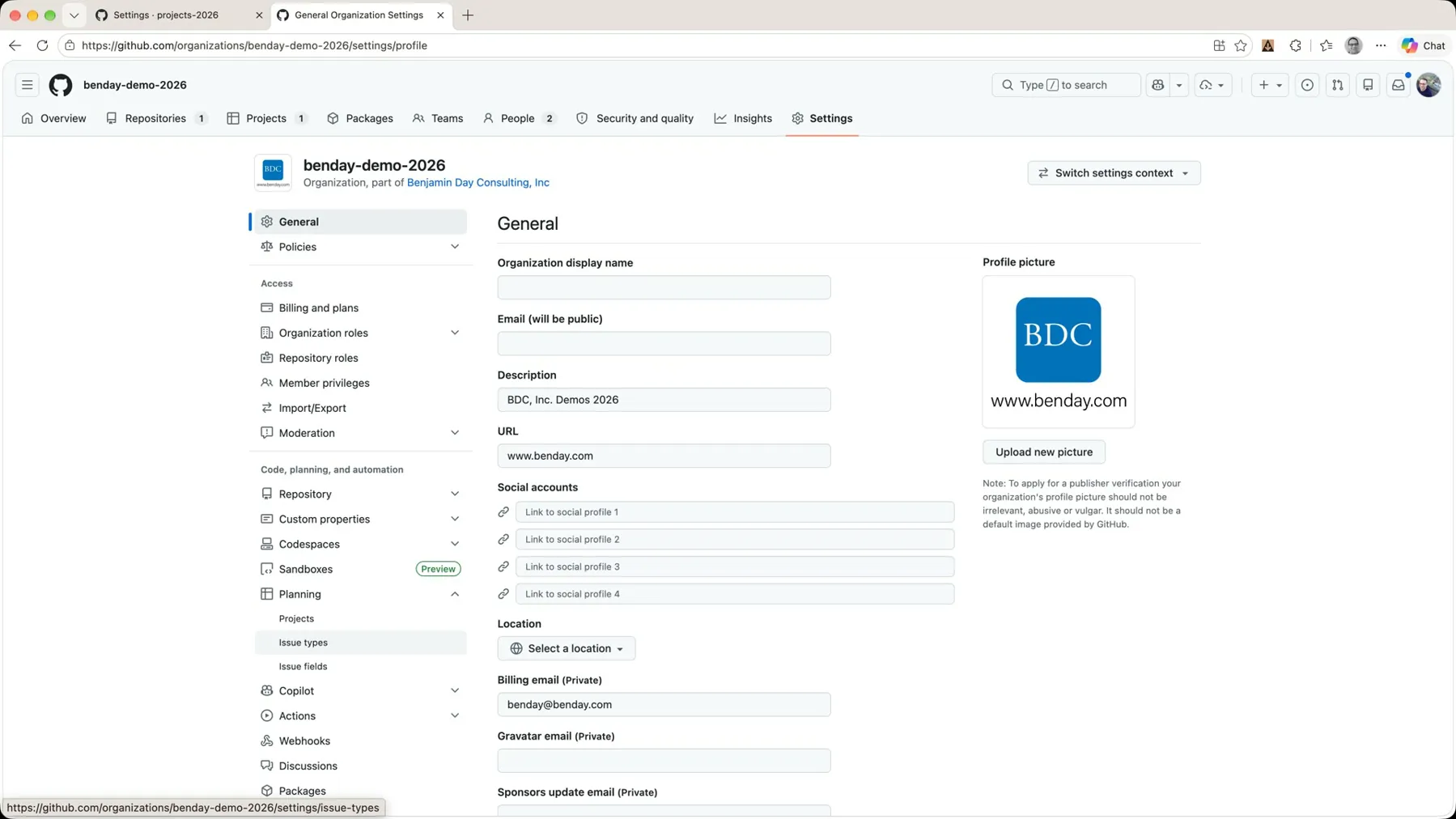 Organization settings with the Planning section expanded on the left: Projects, Issue types, Issue fields