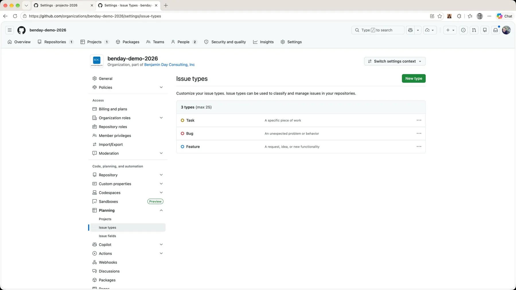 The organization's Issue types page showing Task, Bug, and Feature, '3 types (max 25)', and a New type button