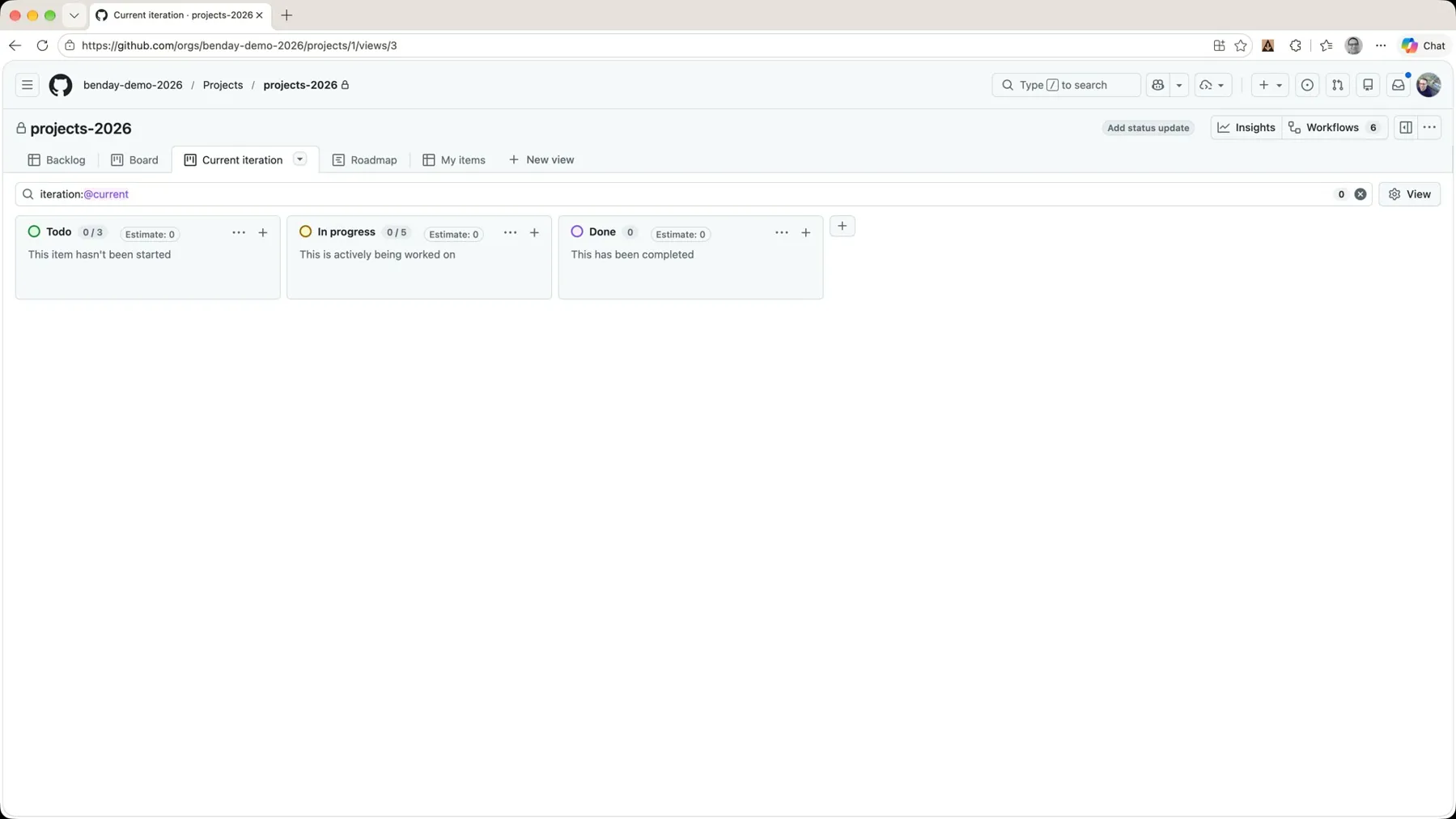The Current iteration board with the filter iteration:@current and zero items in Todo, In progress and Done