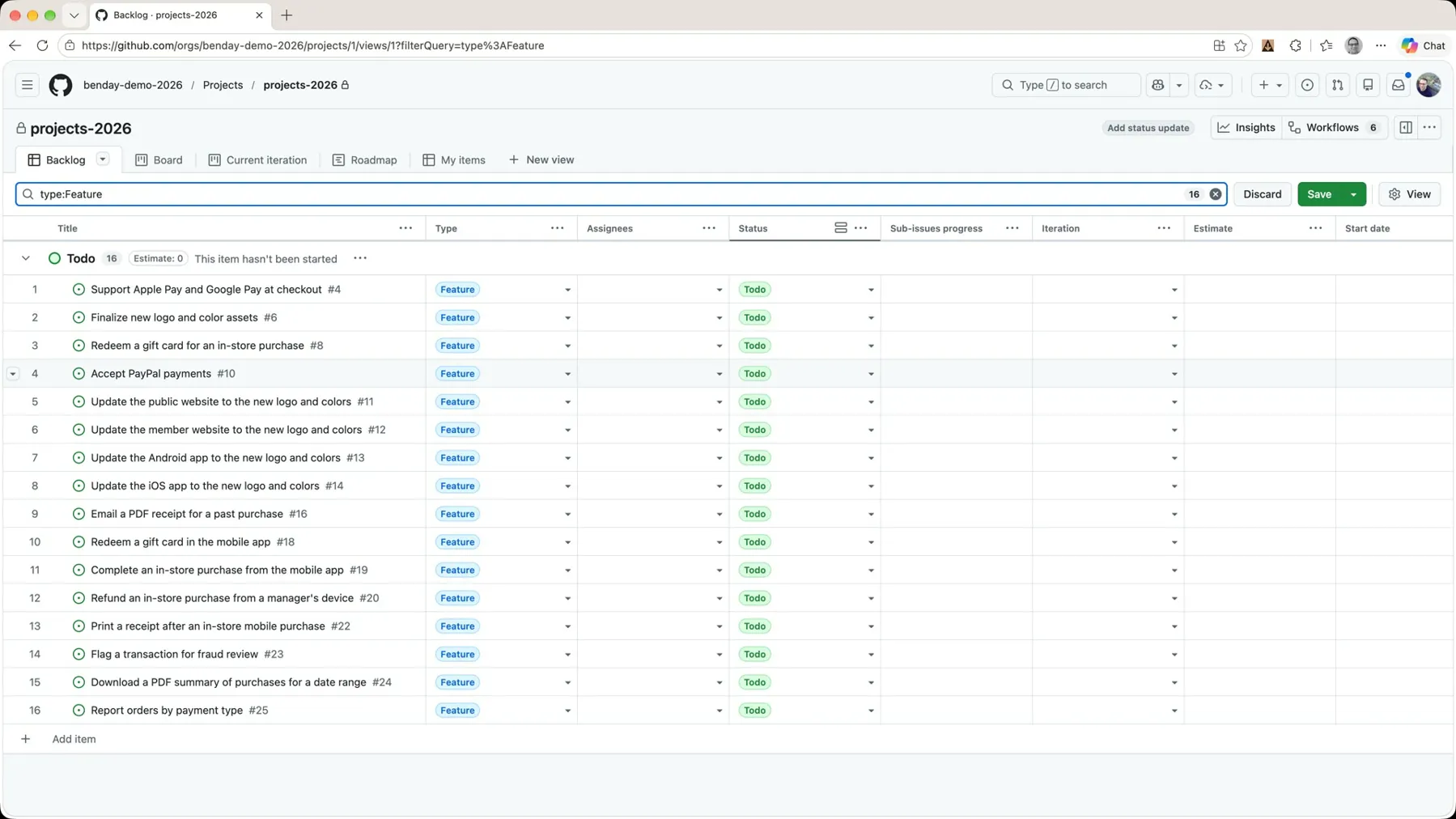 The backlog filtered to type:Feature, showing 16 features with an empty Iteration column
