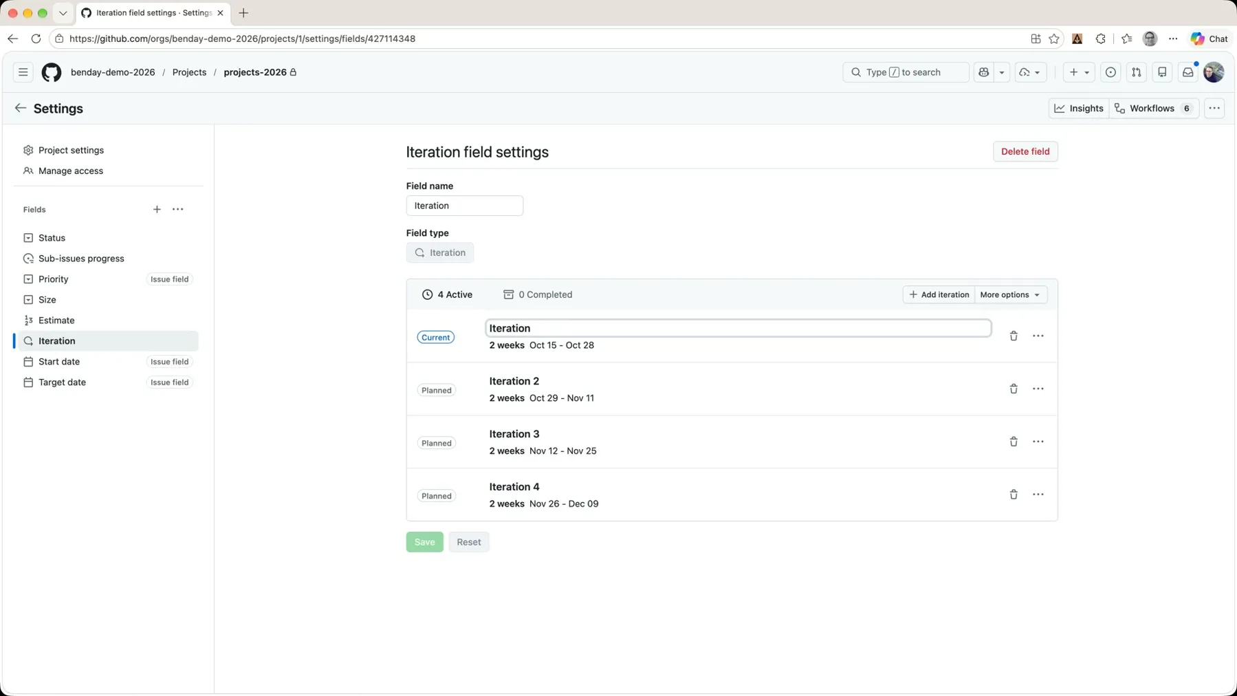 The Iteration field settings with the first iteration's name box selected for editing