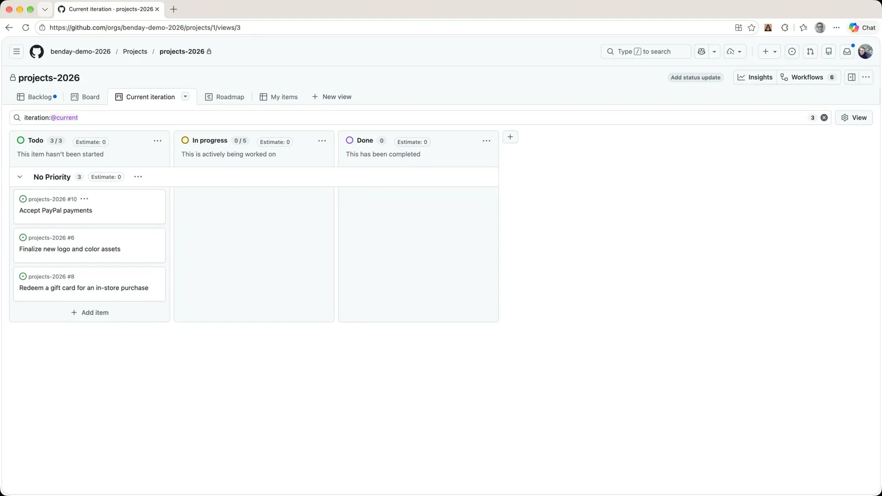 The Current iteration board showing three feature cards in Todo: Accept PayPal payments, Finalize new logo and color assets, Redeem a gift card for an in-store purchase